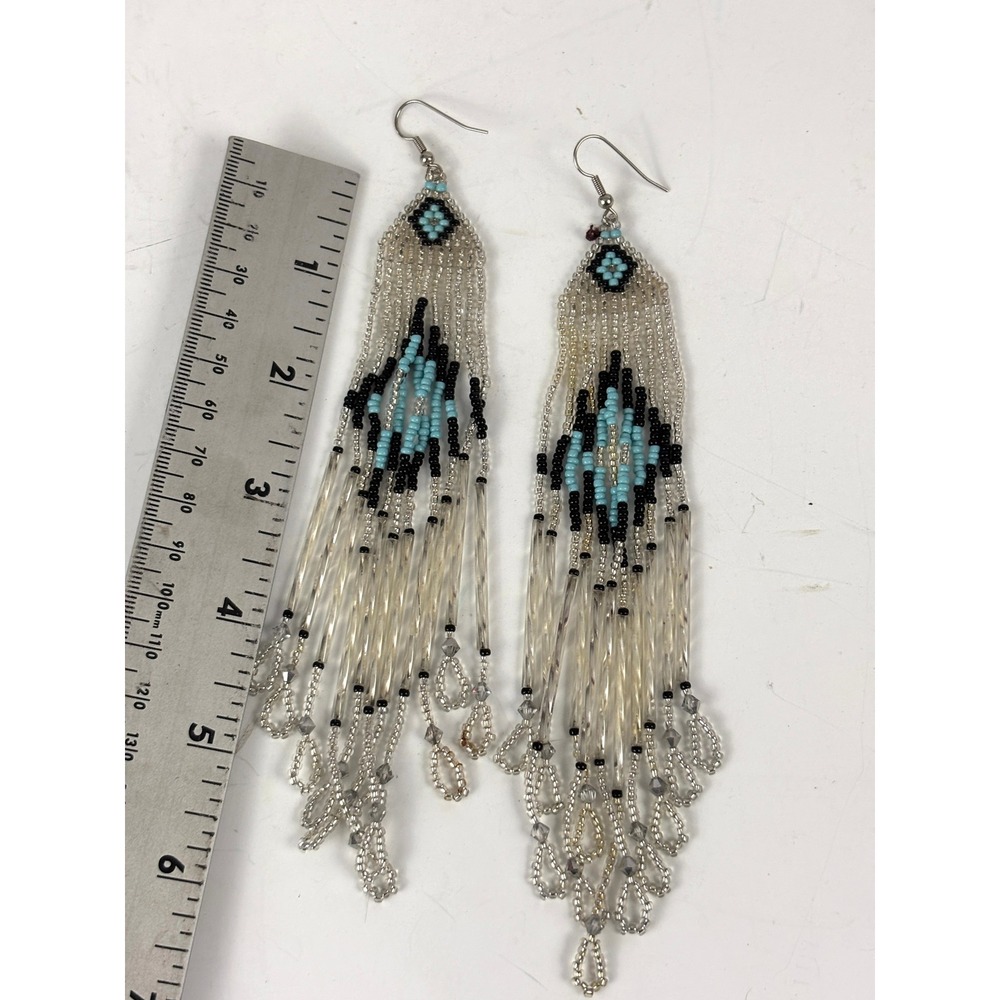 Vintage Beaded Fringe Statement Earrings Turquoise Black White Dangles Handmade - Picture 5 of 12